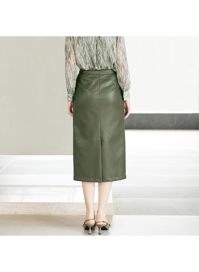 Yanyee Vintage Elegant Pu Leather Skirt For Women, Early Autumn Straight Mid-length High-waist Skirt, Green, L/40 - Image 2