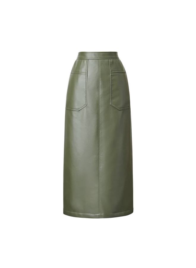 Yanyee Vintage Elegant Pu Leather Skirt For Women, Early Autumn Straight Mid-length High-waist Skirt, Green, L/40 - Image 3