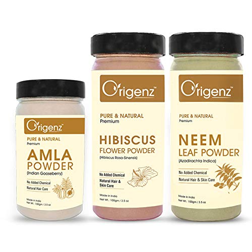 Origenz Natural Hair Care 3 Powders Combo 300 gm - Amla Hibiscus Neem Powder for Pack, Wash, Mask, Anti-Dandruff, Cleanser | In Jar (100gm X 3) - Image 1