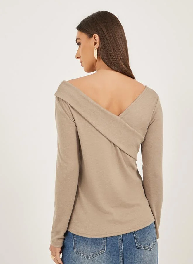Styli Asymmetric Neck Long Sleeve Knitted Top