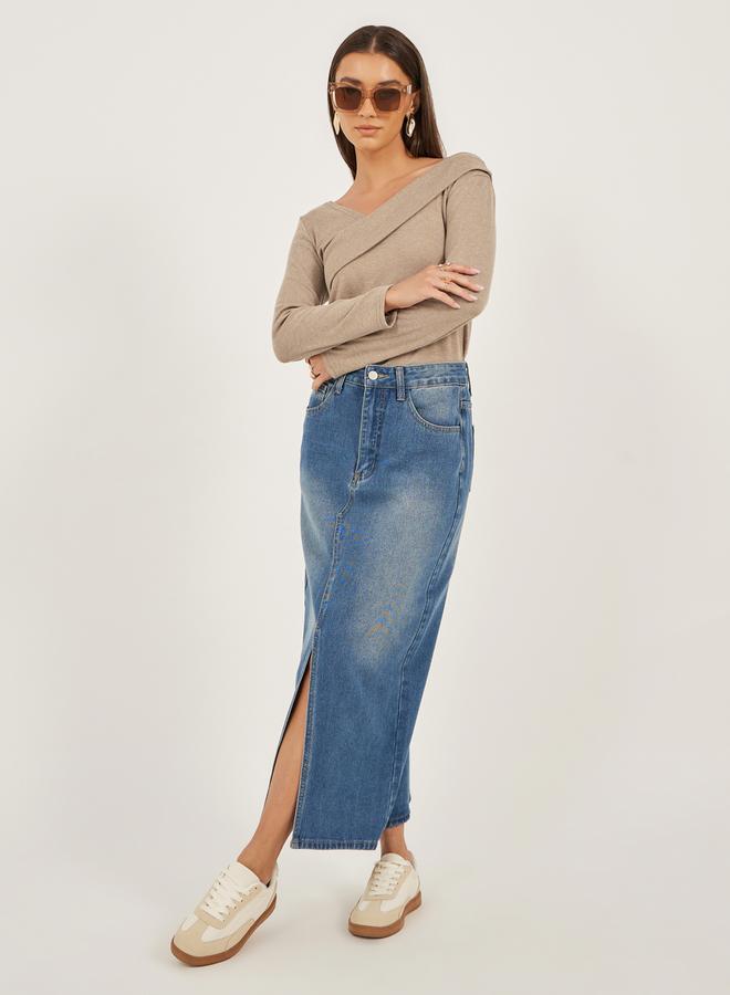 Styli Asymmetric Neck Long Sleeve Knitted Top - Image 2