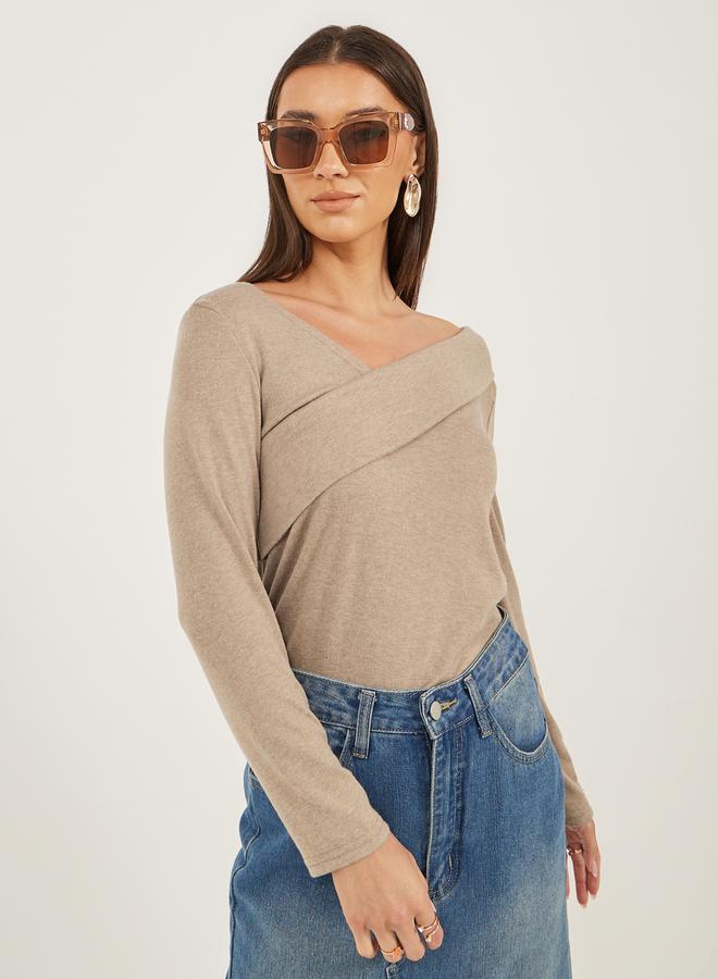 Styli Asymmetric Neck Long Sleeve Knitted Top - Image 1