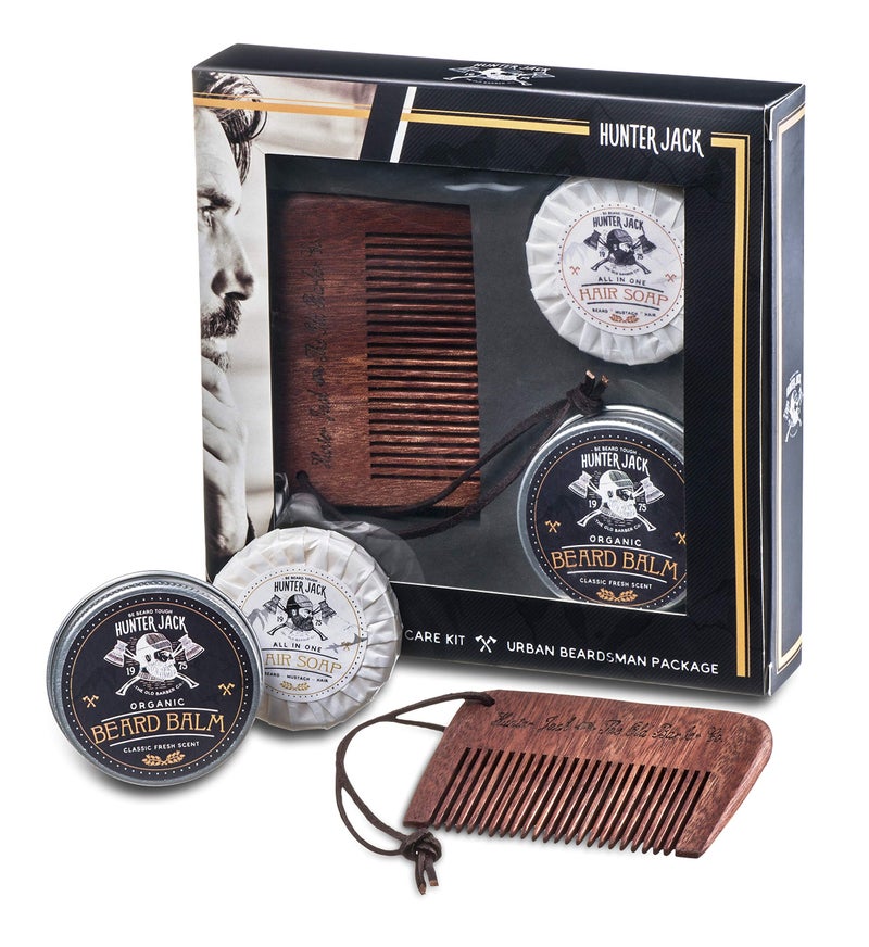 Hunter Jack Beard Kit for Men Sandalwood Beard Comb Beard Soap and Beard Balm Fine Tooth Mustache Comb Mens Beard Kit for Care and Grooming in Premium Gift Box