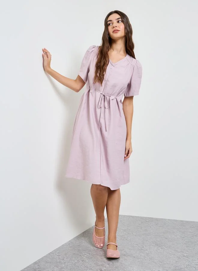 ستايلي Pink Solid Knee Length Dress with Drawstring