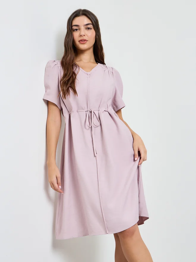 Styli Styli Pink Solid Knee Length Dress with Drawstring