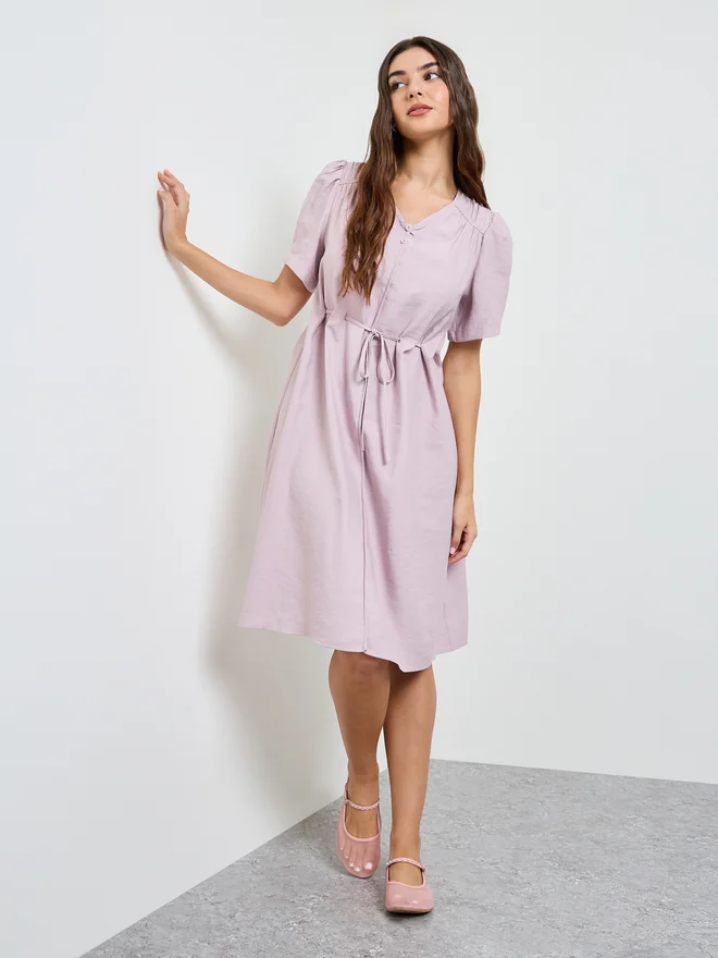 Styli Styli Pink Solid Knee Length Dress with Drawstring