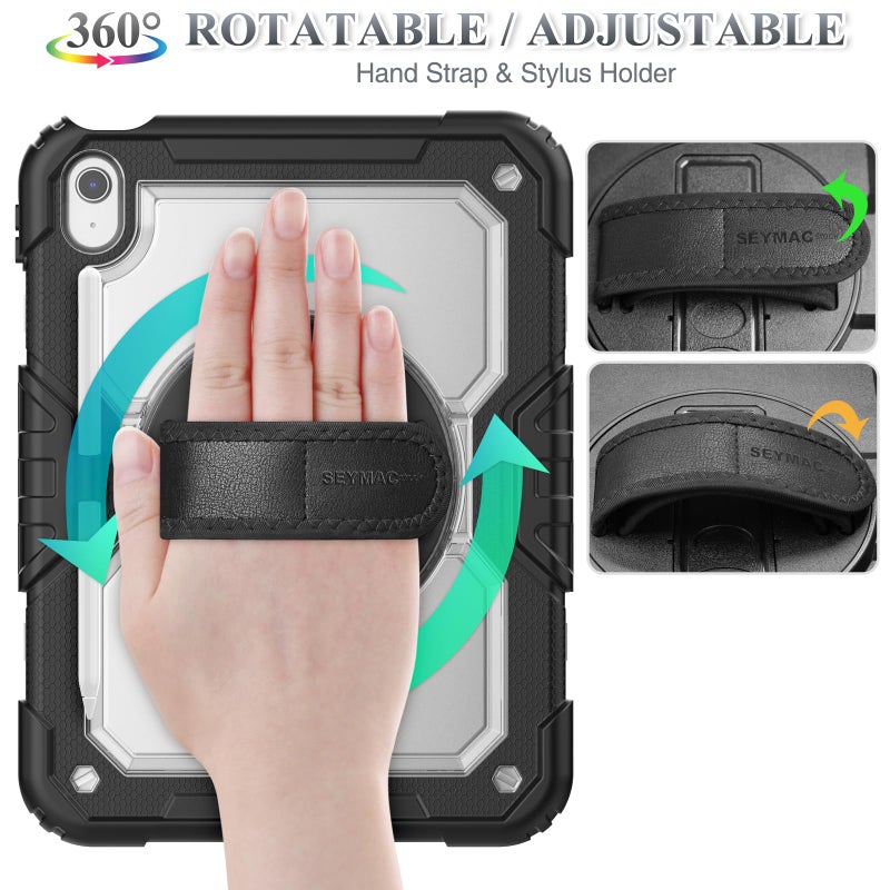 SEYMAC stock Case for iPad (A16) 11th/10th Generation 11''/10.9'' 2025/2022, Full-Body Drop Protection Case with Screen Protector &360Â° Rotate Hand Strap/Stand, Transparent+Black - Image 2