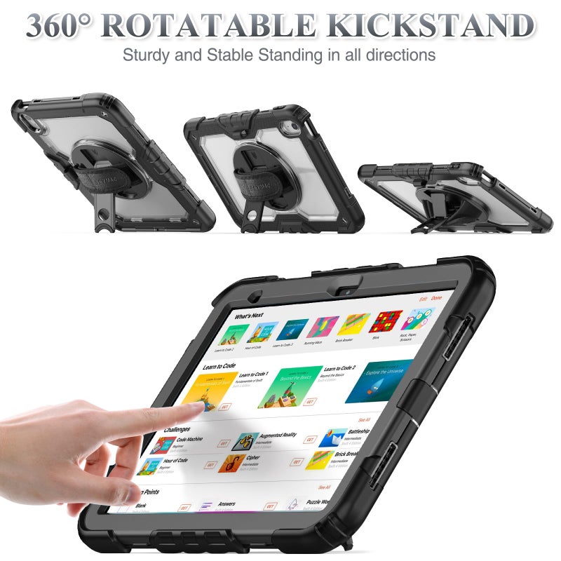 SEYMAC stock Case for iPad (A16) 11th/10th Generation 11''/10.9'' 2025/2022, Full-Body Drop Protection Case with Screen Protector &360Â° Rotate Hand Strap/Stand, Transparent+Black - Image 3