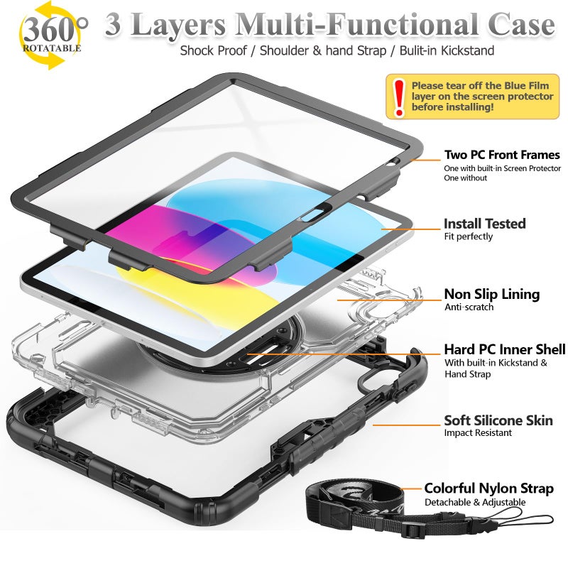 SEYMAC stock Case for iPad (A16) 11th/10th Generation 11''/10.9'' 2025/2022, Full-Body Drop Protection Case with Screen Protector &360Â° Rotate Hand Strap/Stand, Transparent+Black - Image 5