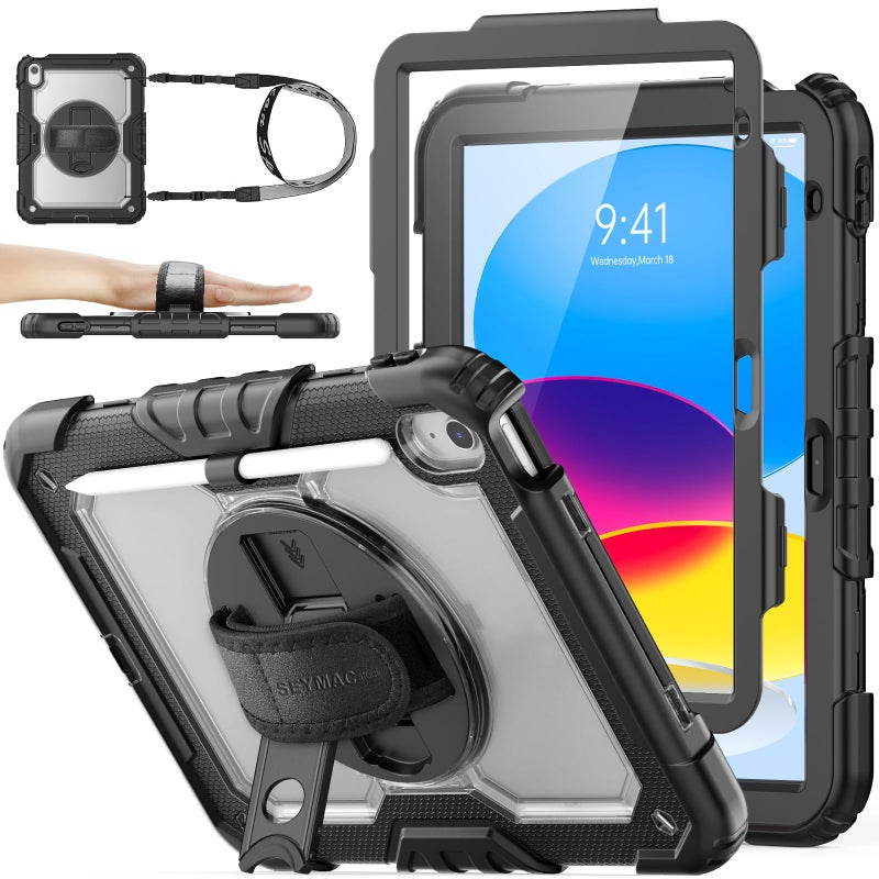SEYMAC stock Case for iPad (A16) 11th/10th Generation 11''/10.9'' 2025/2022, Full-Body Drop Protection Case with Screen Protector &360Â° Rotate Hand Strap/Stand, Transparent+Black - Image 1