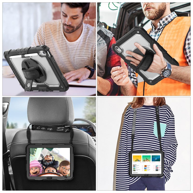 SEYMAC stock Case for iPad (A16) 11th/10th Generation 11''/10.9'' 2025/2022, Full-Body Drop Protection Case with Screen Protector &360Â° Rotate Hand Strap/Stand, Transparent+Black - Image 4