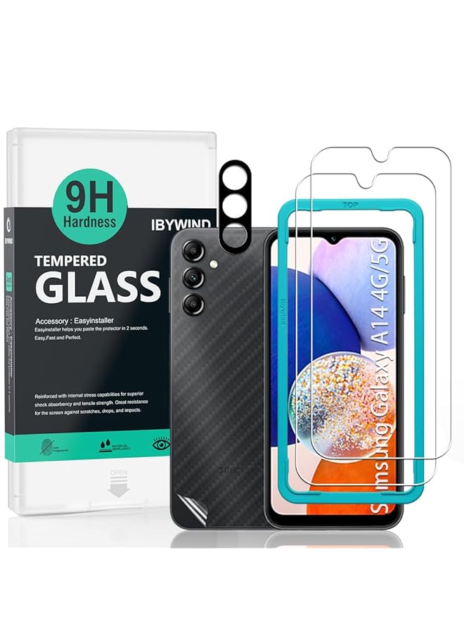 Ibywind Screen Protector For Samsung Galaxy A14 5G Galaxy A14 4G 6.6 Inches With 2 Pcs Tempered Glass 1Pc Camera Lens Protector 1Pc Backing Carbon Fiber Film Fingerprint Reader Easy To Install - Image 1