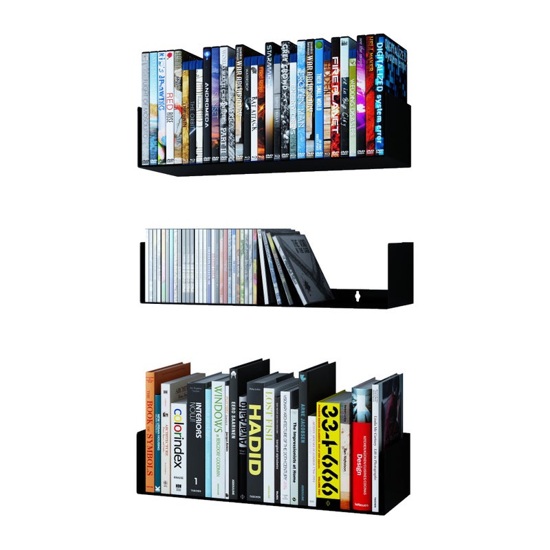 Wallniture Bali Black Bookshelf and CD DVD Storage Shelf Set of 3 Metal Floating Book Shelves for Wall