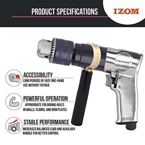 IZOM IZ-4041 1/2" (13mm) Pneumatic Reversible Drill 700 RPM Heavy Duty 90 PSI Forward/Reverse Lever Drilling Machine with Exhaust & Variable Speed Throttle - Image 2