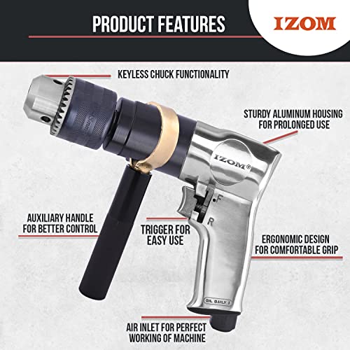 IZOM IZ-4041 1/2" (13mm) Pneumatic Reversible Drill 700 RPM Heavy Duty 90 PSI Forward/Reverse Lever Drilling Machine with Exhaust & Variable Speed Throttle - Image 3
