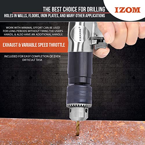IZOM IZ-4041 1/2" (13mm) Pneumatic Reversible Drill 700 RPM Heavy Duty 90 PSI Forward/Reverse Lever Drilling Machine with Exhaust & Variable Speed Throttle - Image 4