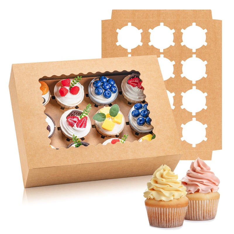 Hoewina 6PCS Cupcake Boxes - Hold 12 Count Cupcake Containers with Window  Food Grade Cupcake Holder Easy Transport and Presentation - Ideal for Cupcakes  Desserts  and More (Brown) - Image 1