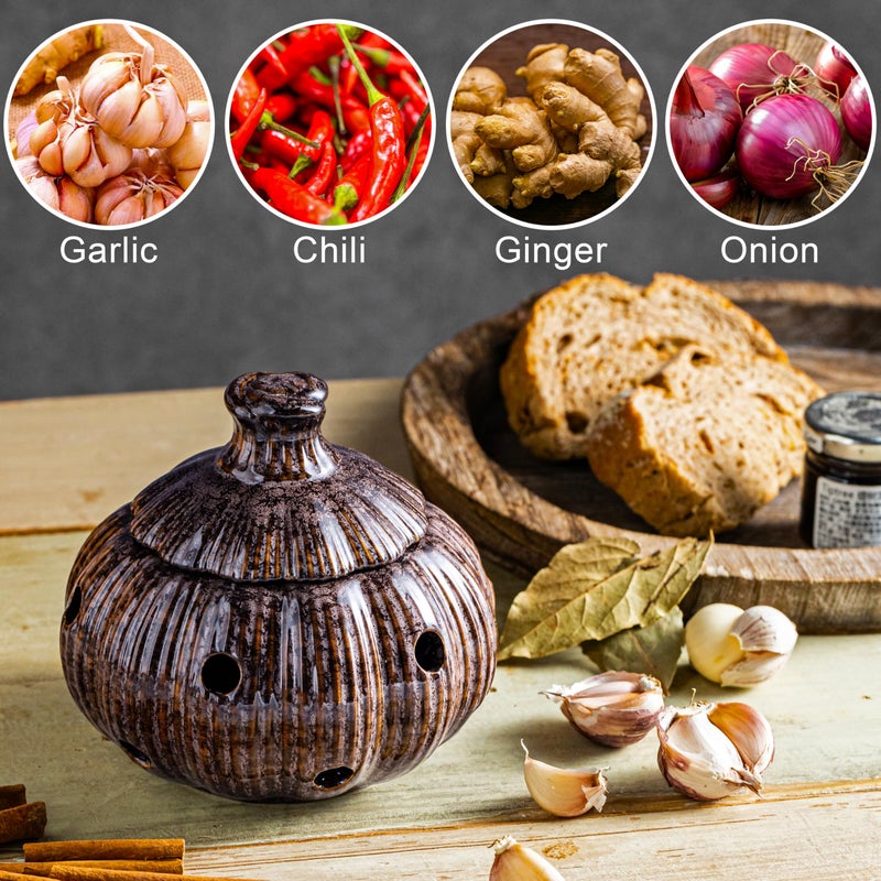 Cormomu Ceramic Garlic Keeper with Lid, Large Garlic Storage Pod, Garlic Container for Kitchen Counter - Image 3