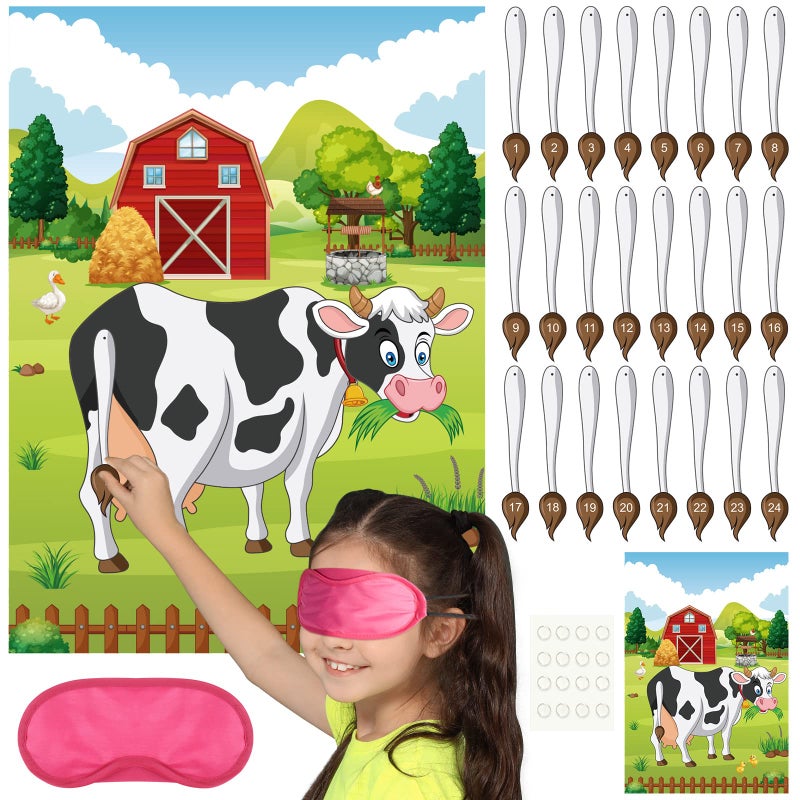 PLULON Pin The Tail on The Cow Game - Cow Farm Themed Animal Birthday Party Game with Tail Stickers for Kids Farm Animal Party Favors - Image 1