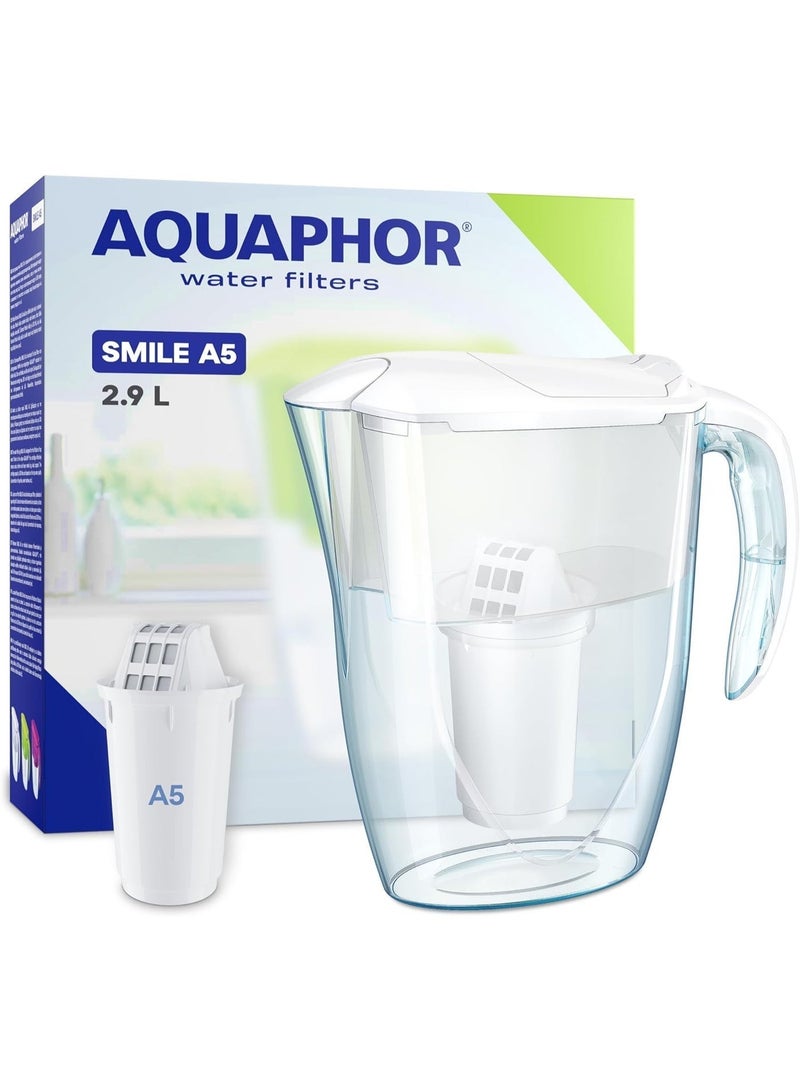 Aquaphor Water Filter Jug Smile, Space-saving, Lightweight Fridge door fit 2.9L Capacity 1 X A5 350L Filter Included Reduces Limescale Chlorine & Microplastics (White) - Image 1