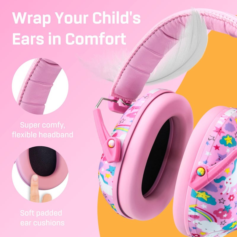 Vanderfields Premium Hearing Protection Ear Muffs - Broad Spectrum Sound Reduction 34.4dB at 2K Hz Noise Cancelling - Headset Safety Noise Cancellation - Headphones Kids 3-12 - Unicorn Dream - Image 4