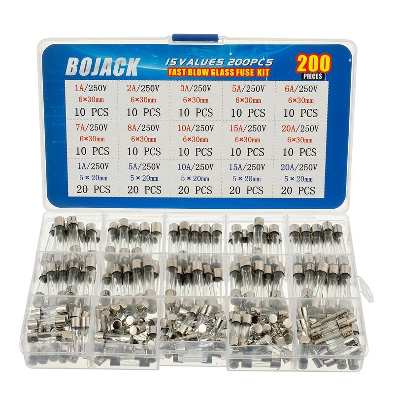 مجموعة فيوزات زجاجية سريعة الانفجار BOJACK 15 قيمة 200 قطعة 5x20mm 250V 1 5 10 15 20A 6x30mm 250V 1 2 3 5 6 7 8 10 15 20A في علبة بلاستيكية شفافة