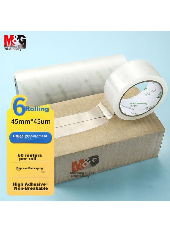 ام اند جي Chenguang (m&g) القرطاسية، شريط تغليف شفاف، 45mm*60m*45um، 6 لفات/أنبوب، لتوصيل الطرود المستعجل والمستودعات، تغليف السوبرماركت، مستلزمات المكتب، Ajdn7604 - Image 1