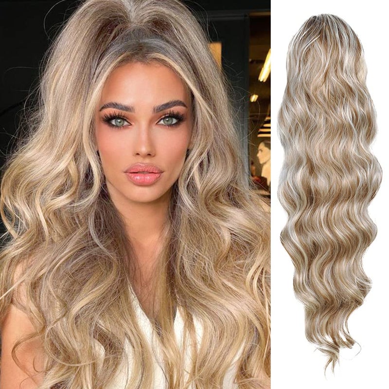 KETHBE KETHBE 24 Inch Long Body Wave Ponytail hair Extension Synthetic Heat Resistant Wrap Around Drawstring Curly Wavy Ponytail Hairpieces for Women P6H613 