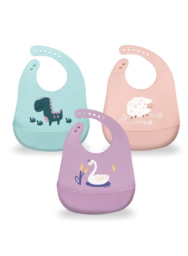 Sarvoza Silicone Baby Bibs With Food Catcher (Set Of 3) Bpa Free Plastic Durable And Adjustable Bib Silicone Bibs For Babies Toddlers Boys And Girls Rubber Bibs Silicone Baby Bibs With Pouch  - Image 1
