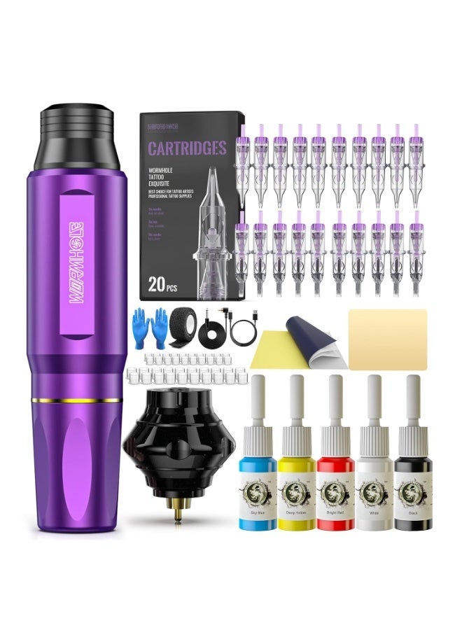 Wormhole Tattoo Wormhole Wireless Tattoo Machine Kit, Tattoo Gun with 1,050 mAh Capacity Power Supply- Tattoo Pen Kit WTK176(Purple+Black) - Image 1