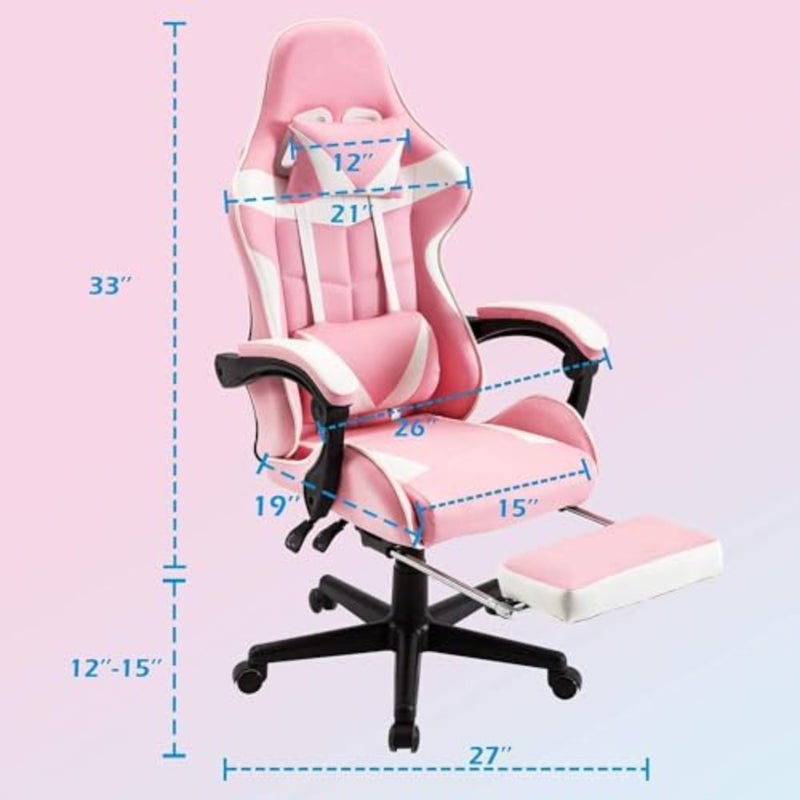 Gaming chair with footrest for home office use, premium PU leather in pink, ergonomic high-back racing design with adjustable headrest and lumbar support - Image 3
