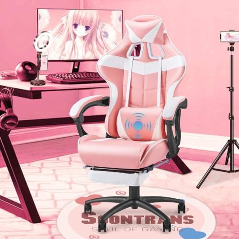 Gaming chair with footrest for home office use, premium PU leather in pink, ergonomic high-back racing design with adjustable headrest and lumbar support - Image 2