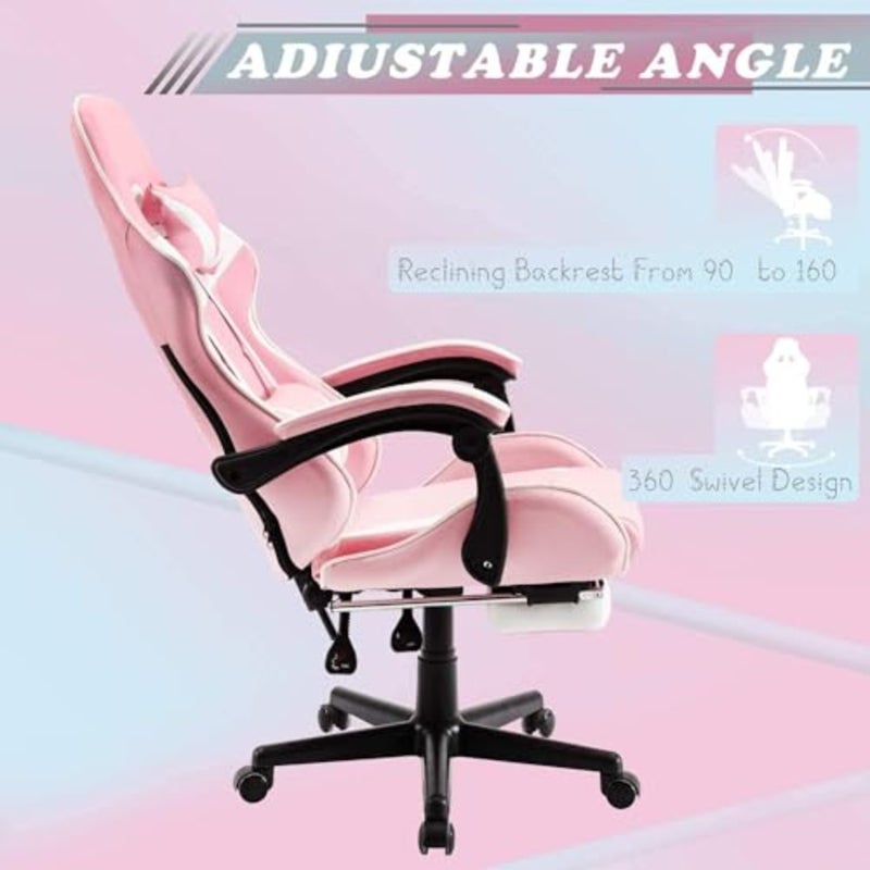 Gaming chair with footrest for home office use, premium PU leather in pink, ergonomic high-back racing design with adjustable headrest and lumbar support - Image 4