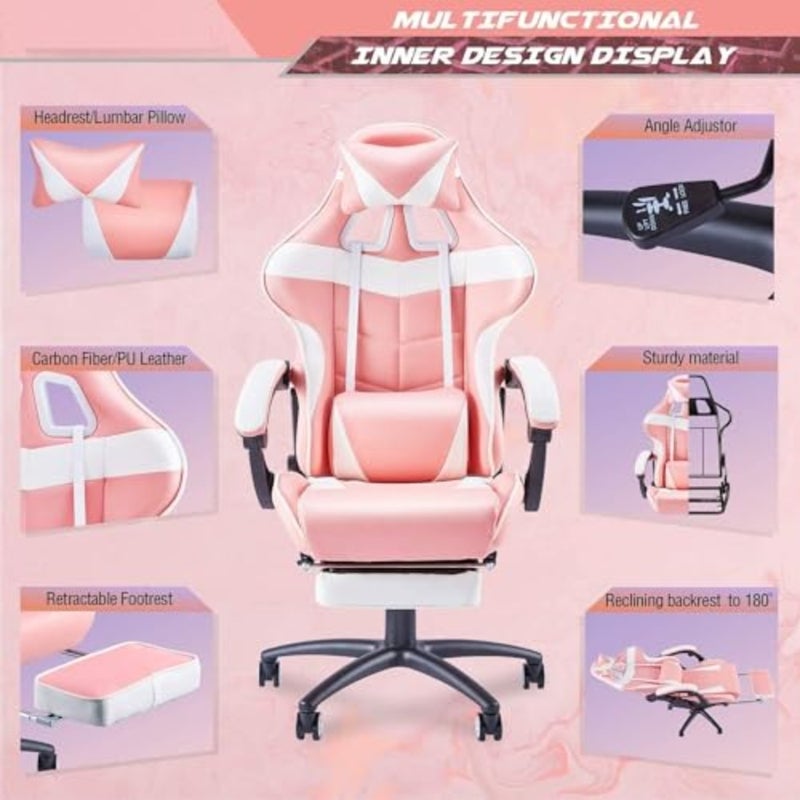 Gaming chair with footrest for home office use, premium PU leather in pink, ergonomic high-back racing design with adjustable headrest and lumbar support - Image 5