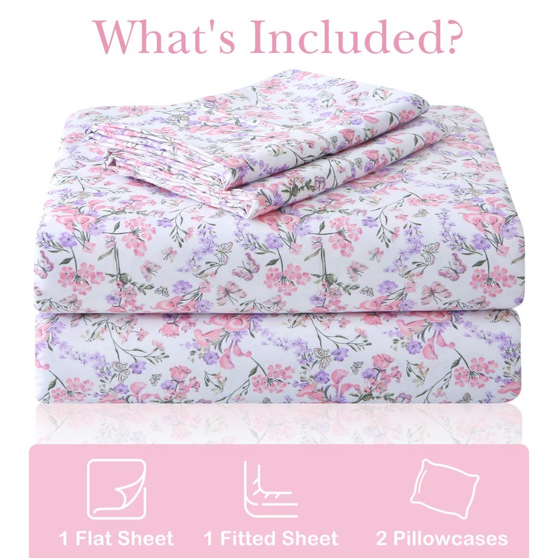 Mooreeke Cozy Vintage Microfiber Printed King Sheet Set - Soft Breathable Percale Cotton Floral Bed Sheets with Deep Pocket - Non-Slip Fitted Design - Pink Purple Flowers Pattern - Image 2