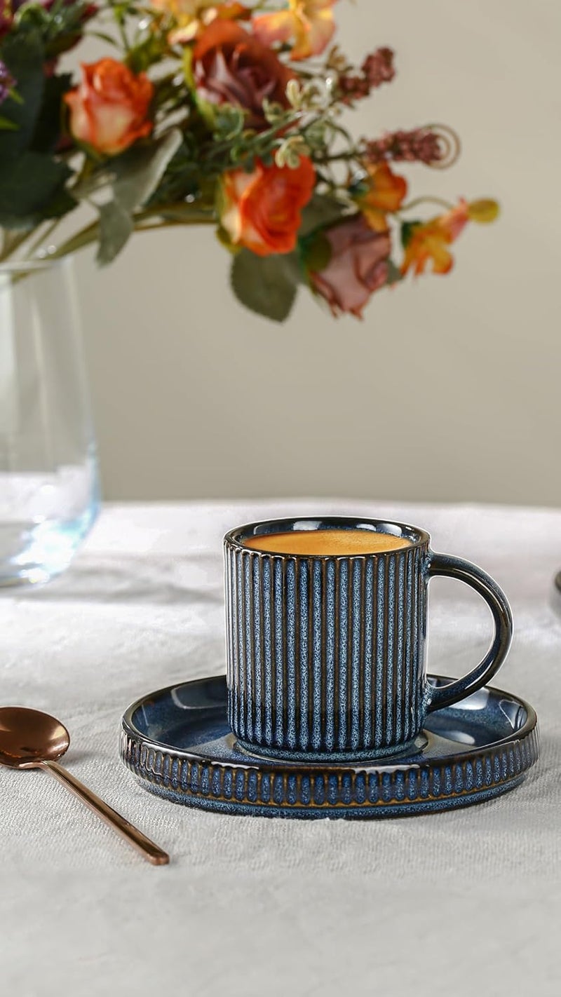 famiware Star Espresso Cups and Saucers Set of 4  Mini  3 oz Ceramic Small Coffee Mug with Handle Ribbed Stoneware Demitasse Cup for Tea Latte  Microwave  Dishwasher Safe  Nebulas Blue - Image 3