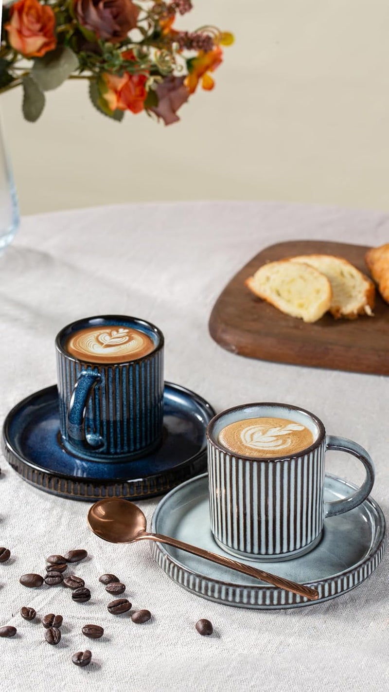 famiware Star Espresso Cups and Saucers Set of 4  Mini  3 oz Ceramic Small Coffee Mug with Handle Ribbed Stoneware Demitasse Cup for Tea Latte  Microwave  Dishwasher Safe  Nebulas Blue - Image 2
