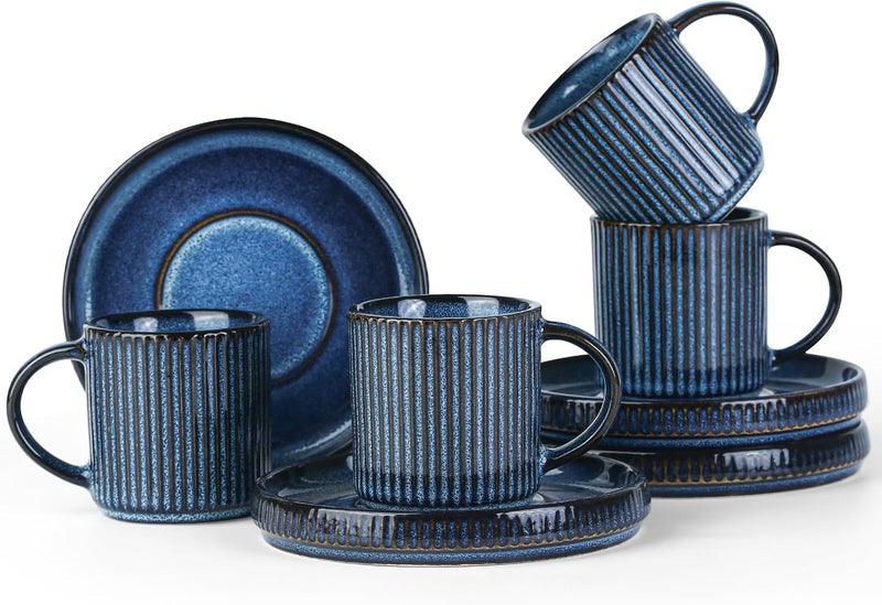 famiware Star Espresso Cups and Saucers Set of 4  Mini  3 oz Ceramic Small Coffee Mug with Handle Ribbed Stoneware Demitasse Cup for Tea Latte  Microwave  Dishwasher Safe  Nebulas Blue - Image 1