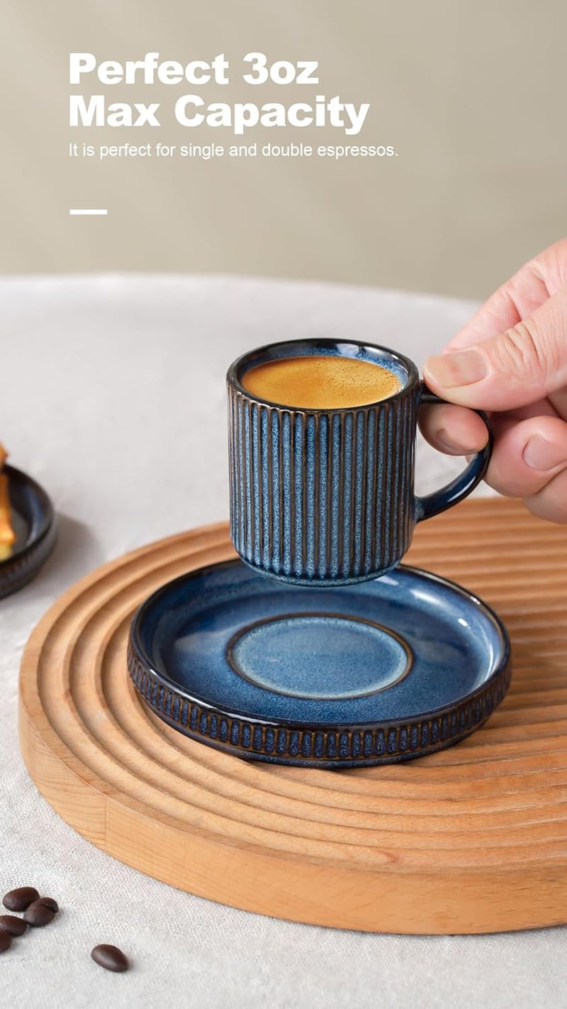 famiware Star Espresso Cups and Saucers Set of 4  Mini  3 oz Ceramic Small Coffee Mug with Handle Ribbed Stoneware Demitasse Cup for Tea Latte  Microwave  Dishwasher Safe  Nebulas Blue - Image 4