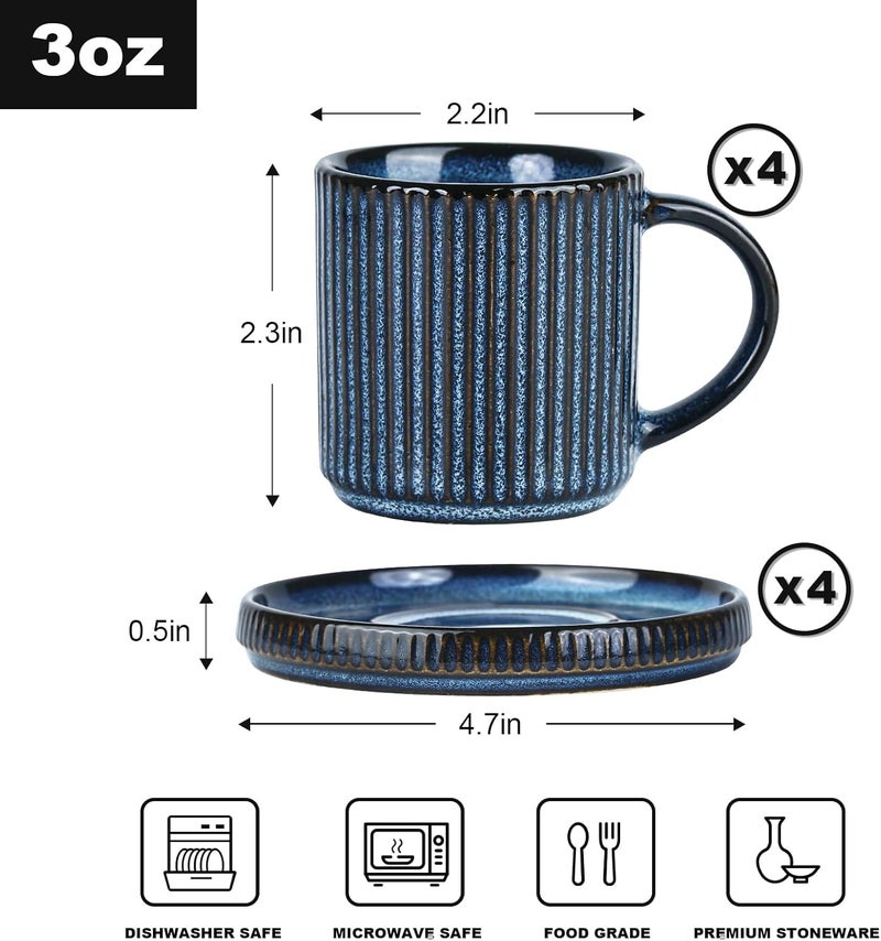 famiware Star Espresso Cups and Saucers Set of 4  Mini  3 oz Ceramic Small Coffee Mug with Handle Ribbed Stoneware Demitasse Cup for Tea Latte  Microwave  Dishwasher Safe  Nebulas Blue - Image 5