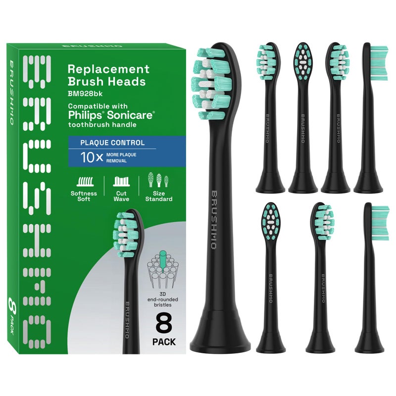 Brushmo Plaque Control Replacement Toothbrush Heads Compatible with Philips Sonicare Clickon Electric Toothbrush Handles 8 Standard Replacement Heads SoftDuPont Bristles BM928bk Black