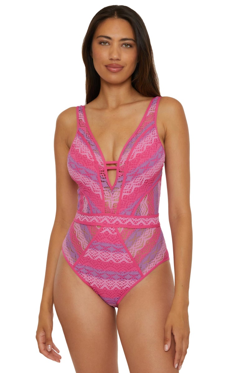 BECCA Color Play - Women's One Piece Swimsuit, Plunge Neck, Crochet, Bathing Suits for Women, Pink Flamingo, Medium - Image 1