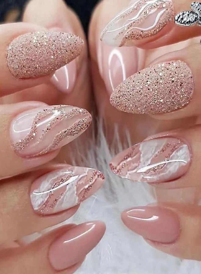 YoYoee Stiletto Press on Nails Medium False Nails Marble Nails Fake Nails Full Cover Bling Nails Tips for Women and Girls 24PCS - Image 1
