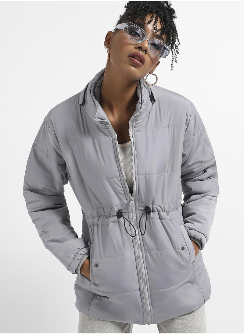 Campus Sutra Women's Light Grey Detachable Hood Puffer Jacket With Fur Details  - Image 1