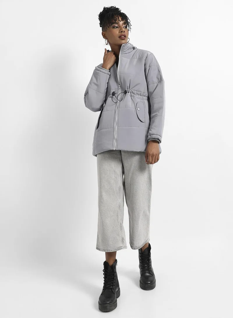 Campus Sutra Women's Light Grey Detachable Hood Puffer Jacket With Fur Details