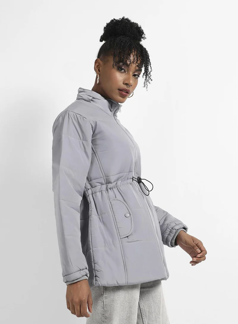 Campus Sutra Women's Light Grey Detachable Hood Puffer Jacket With Fur Details