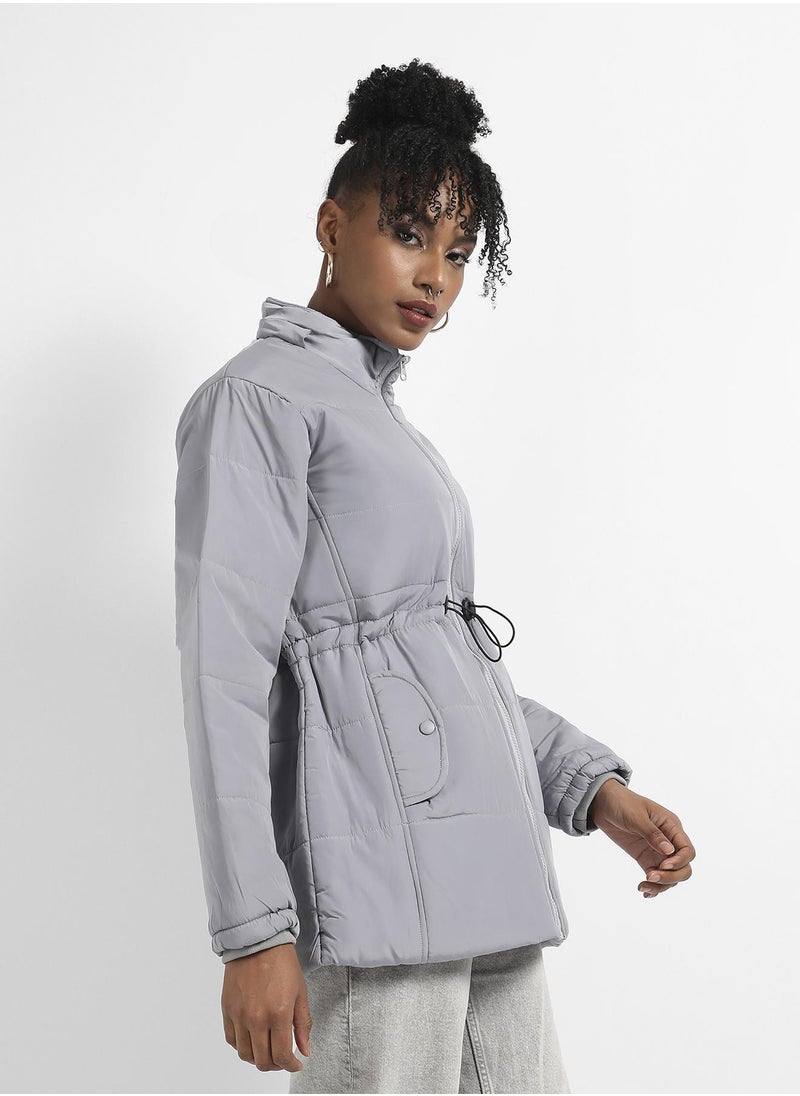 Campus Sutra Women's Light Grey Detachable Hood Puffer Jacket With Fur Details  - Image 3