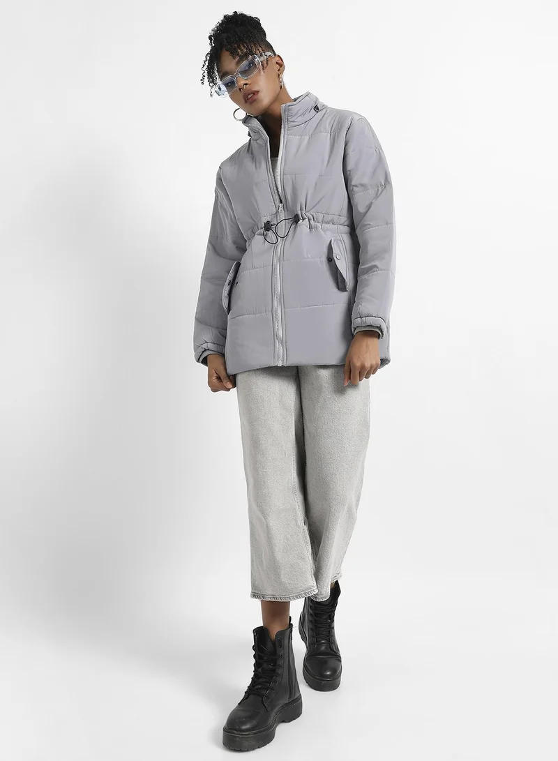 Campus Sutra Women's Light Grey Detachable Hood Puffer Jacket With Fur Details