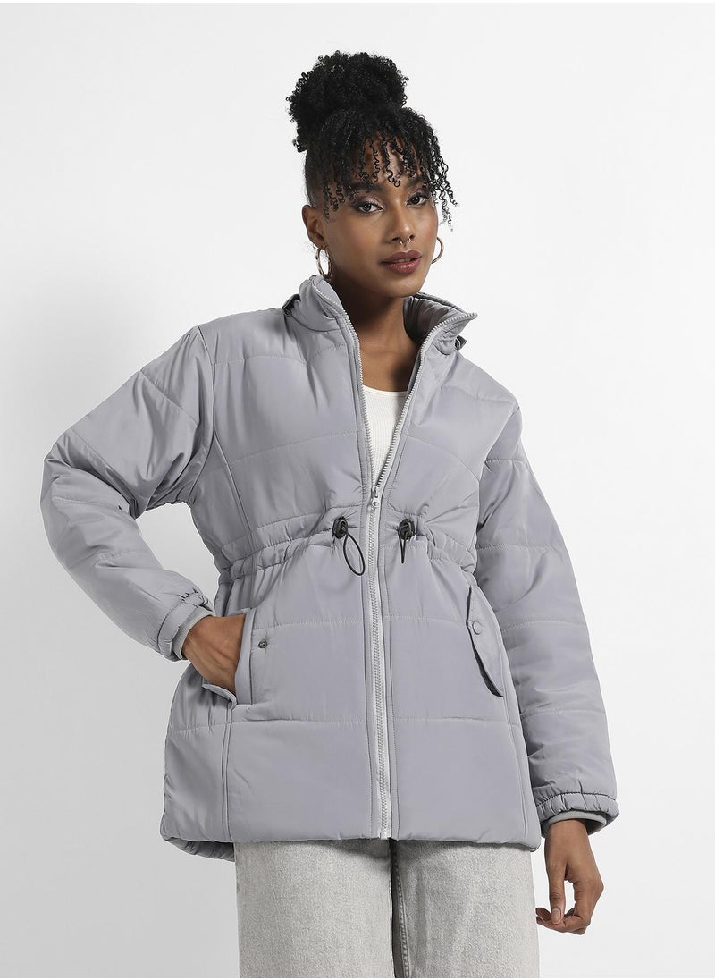 Campus Sutra Women's Light Grey Detachable Hood Puffer Jacket With Fur Details  - Image 2