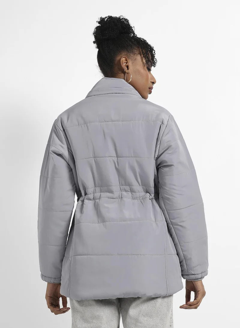 Campus Sutra Women's Light Grey Detachable Hood Puffer Jacket With Fur Details